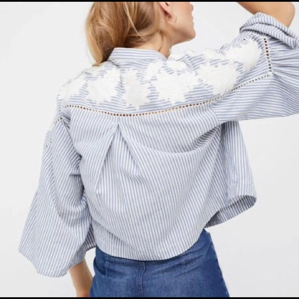 Free People Blue and White Striped Embroidered Peasant Blouse